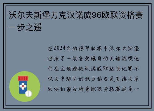 沃尔夫斯堡力克汉诺威96欧联资格赛一步之遥
