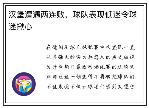 汉堡遭遇两连败，球队表现低迷令球迷揪心