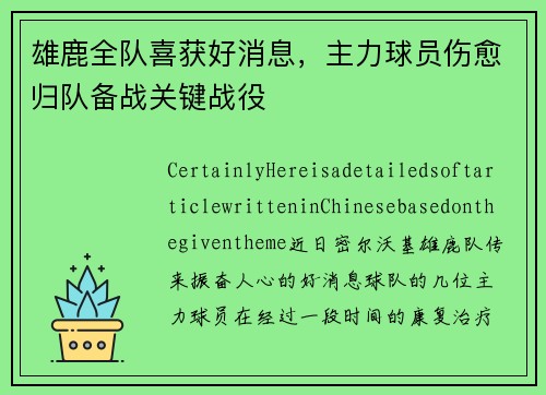雄鹿全队喜获好消息，主力球员伤愈归队备战关键战役